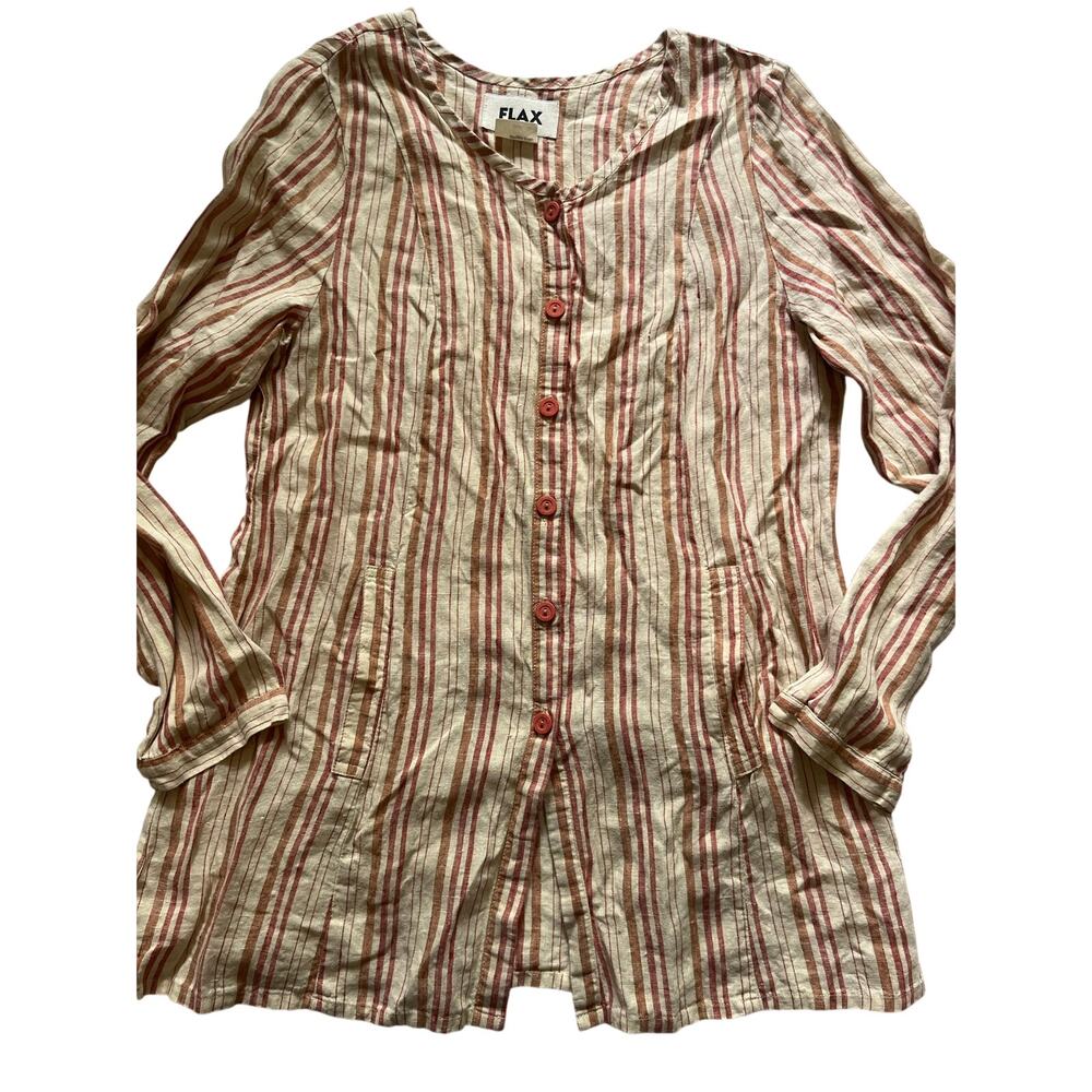 Vintage FLAX Made in USA 100% Linen Striped Tunic Top Shirt Small Lagenlook Boho